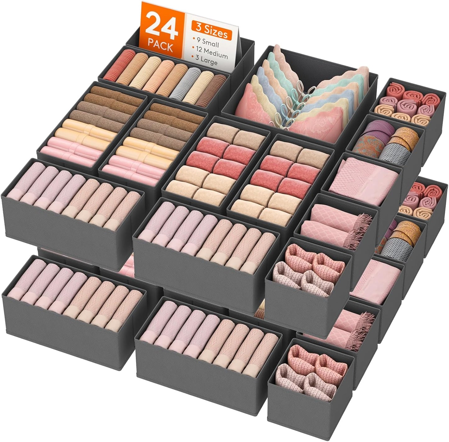 Lifewit 24 Pack Drawer Organizer, Dresser Underwear Drawer Organizer Bins, Foldable Fabric Closet Organizers, Storage Drawer Dividers, Dorm Room Essentials for Clothing, Socks, Towels, Ties Gray