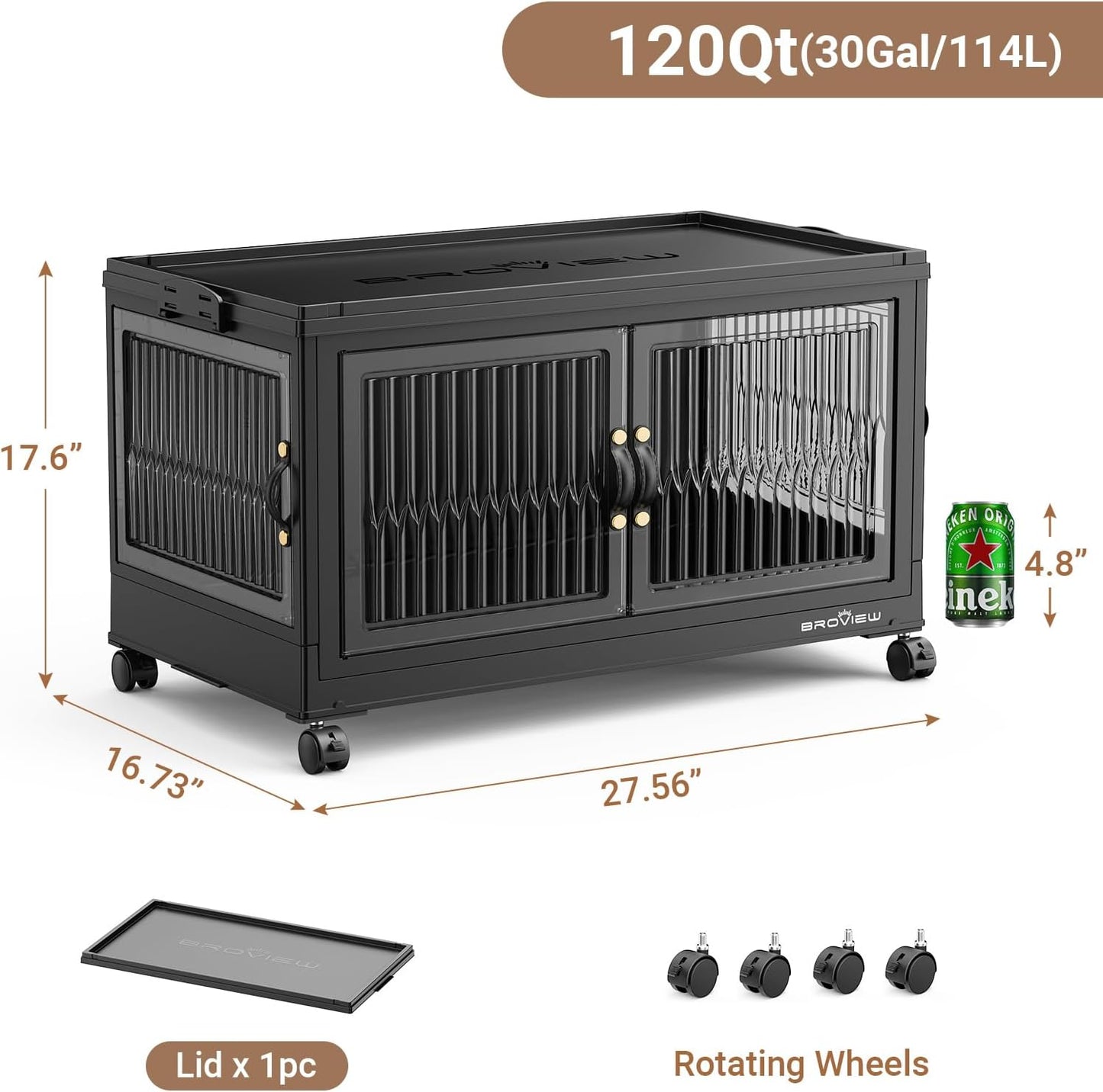 120QT Large Stackable Storage Bins with Lids, Plastic Closet Organizer and Storage Drawer, Collapsible Storage Box with Wheels, Folding Storage Cabinet with Doors for Home Kitchen, 1Pack Black