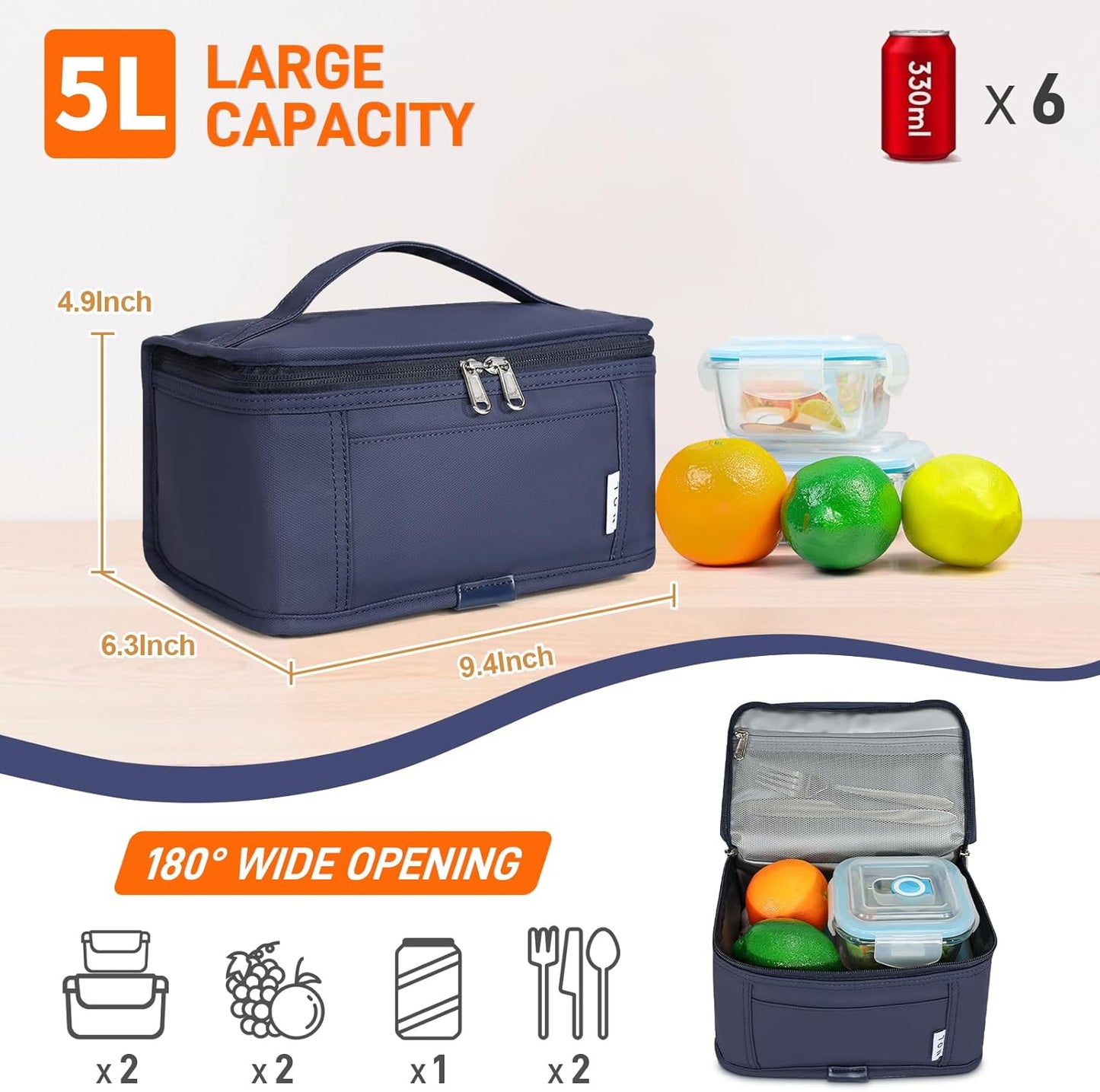 NOL Natural Organic Lifestyle Small Lunch Bag Mini Lunch Box Insulated Lunch Bag for Men/Women Leakproof Cooler Tote Bag Lightweight Nylon Waterproof Lunch Box For Work, Navy blue