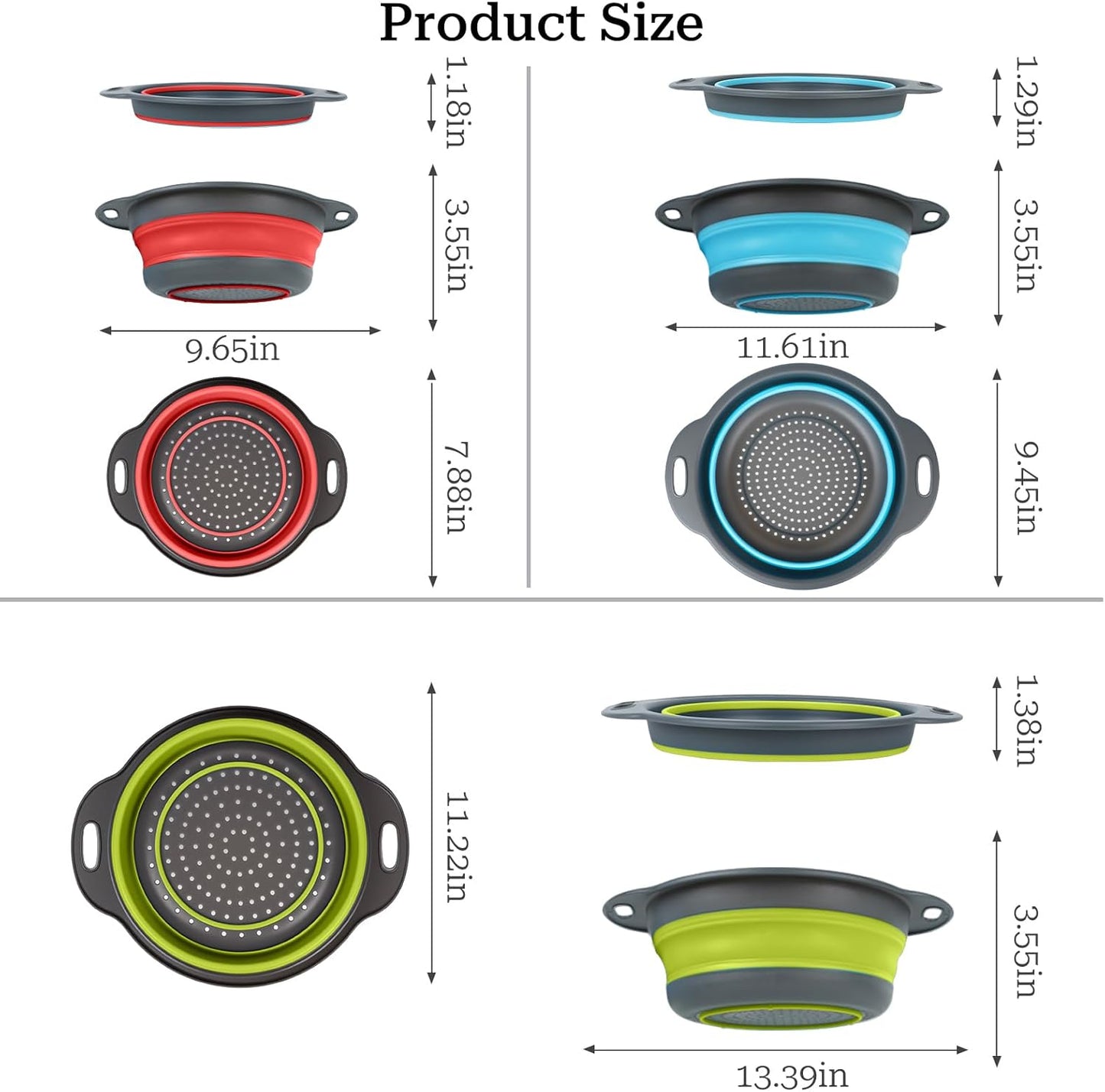 Collapsible Colander 3-Pack Set Space-Saving Foldable Kitchen Strainer with Non-Slip Base Durable Thickened PP+TPE Collapsible Strainers for Pasta, Vegetables, Fruits (Gray-Blue-Red-Green)