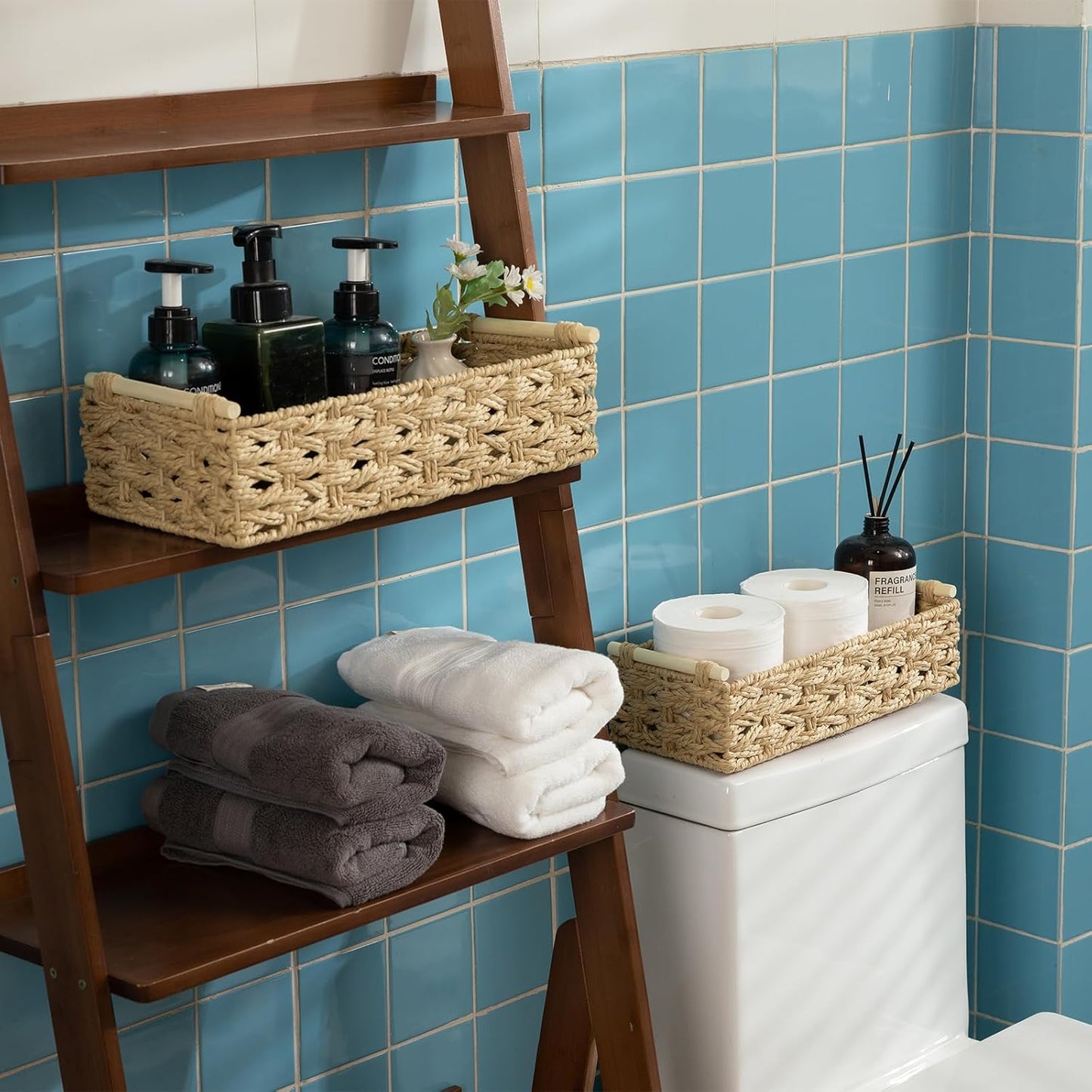 OIAHOMY Toilet Paper Baskets Handmade Paper Rope Decorative Wicker Storage Tank Shelf Cabinet Organizer for Bathroom Home, Set of 2, Yellow