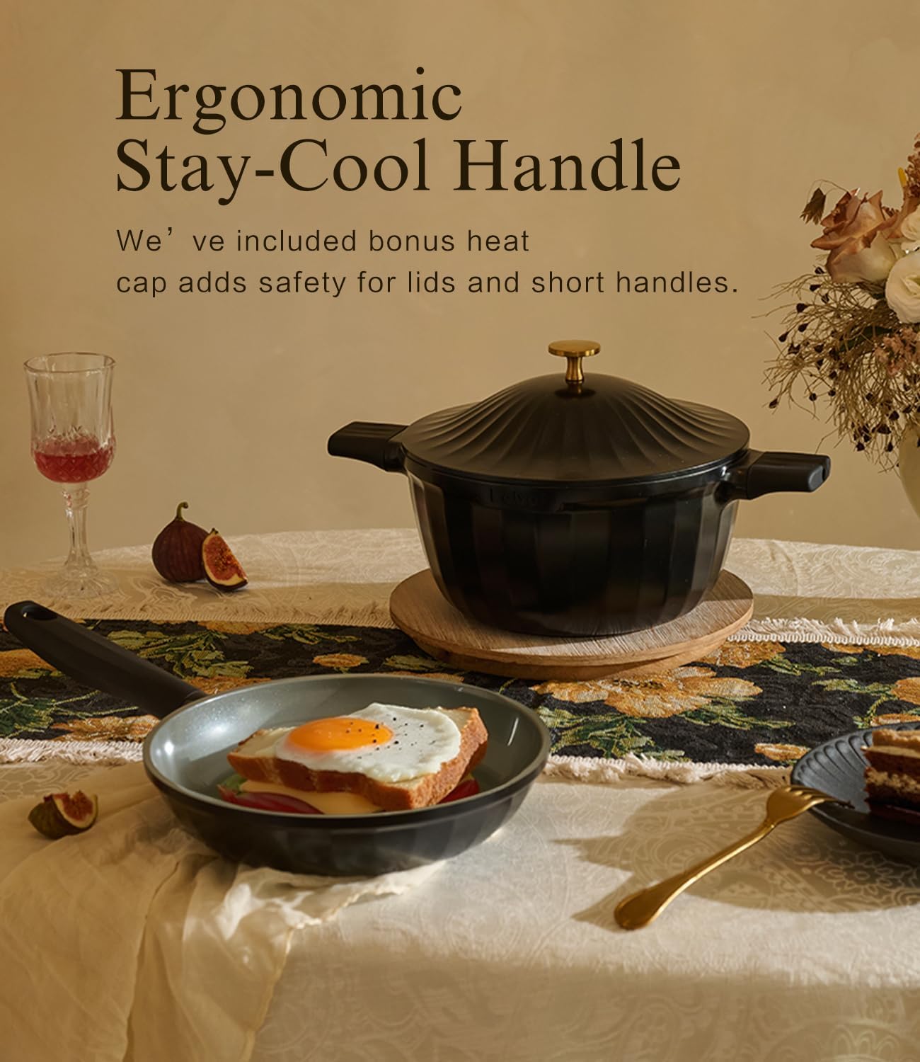 Nonstick Ceramic Cookware Set (7 Piece)–Titanium Cast Aluminum Pots and Pans Set with Lids, Non Toxic PFAS-Free Compatible with All Stovetops–Jet Black