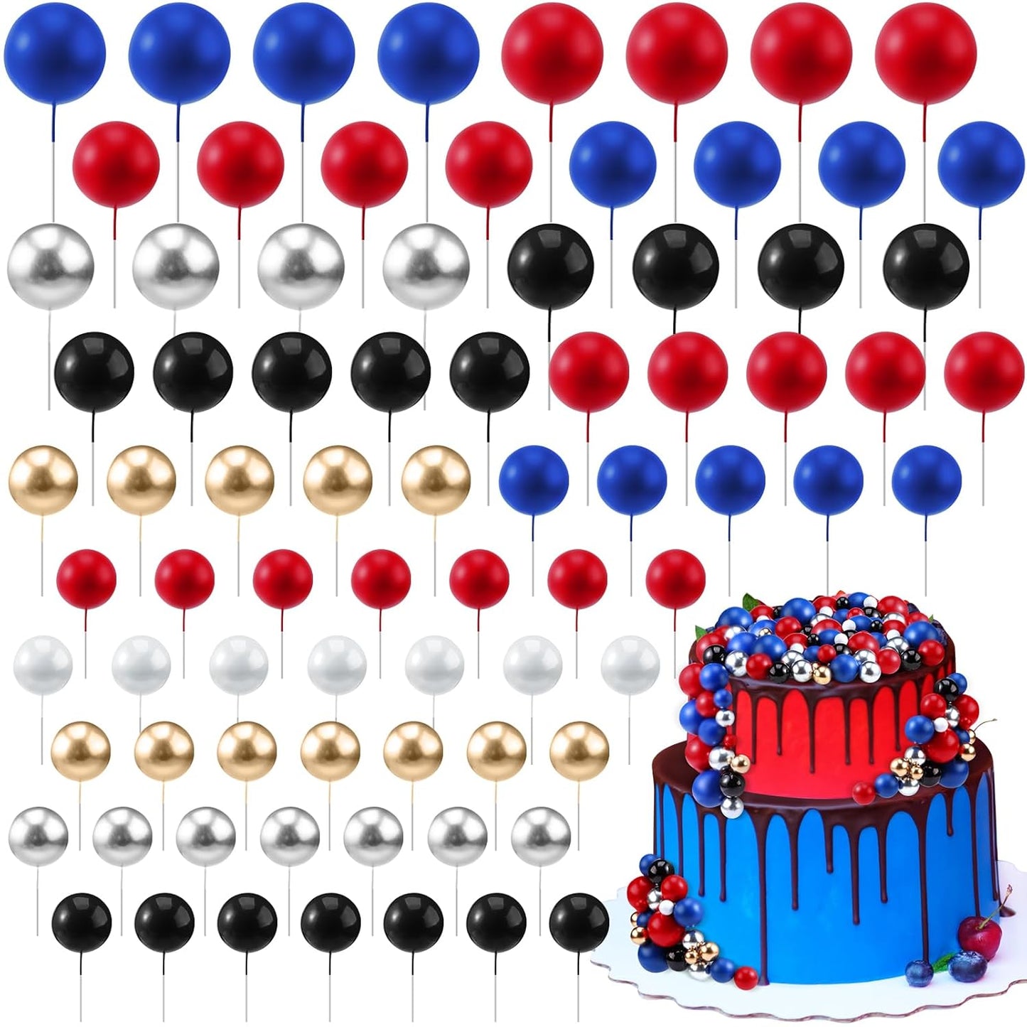 108 Pcs Balls Cake Topper DIY Cupcake Insert Foam Balloons for Cake Baking Wedding Anniversary Birthday Decoration(Blue, Red, Black,Multi Sizes)
