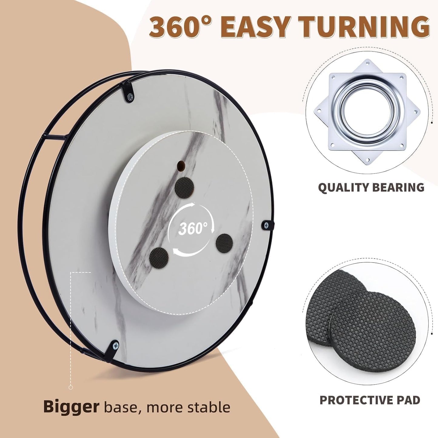 9 Inch White Wood Lazy Susan - Rustic Brown Turntable Organizer with Steel Frame, 360 Degree Decorative Turntable for Countertop or Centerpieces