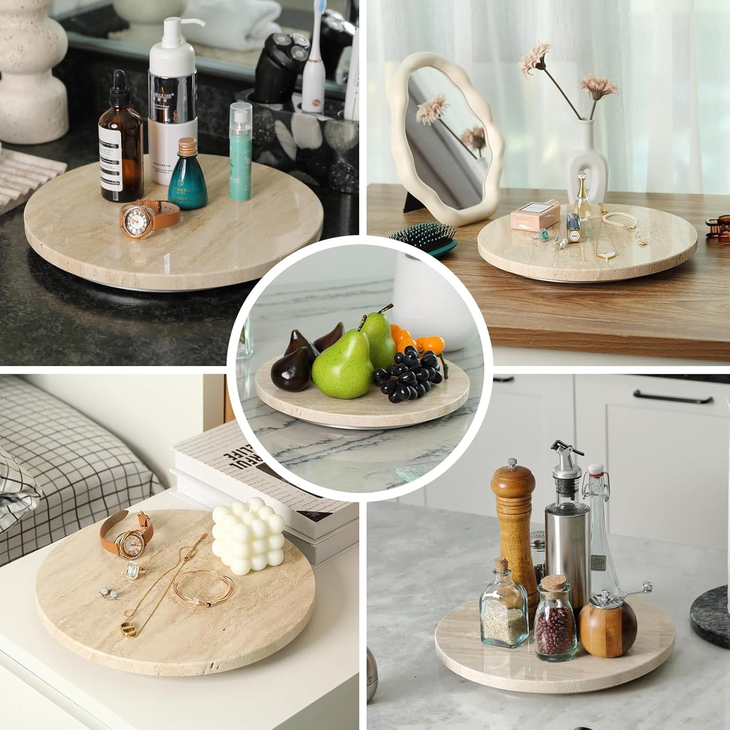 Travertine Lazy Susan for Table Top, 12 in Lazy Susan Turntable Organizer for Cabinet Pantry Kitchen Countertop Fridge Bathroom Makeup Vanity Countertop