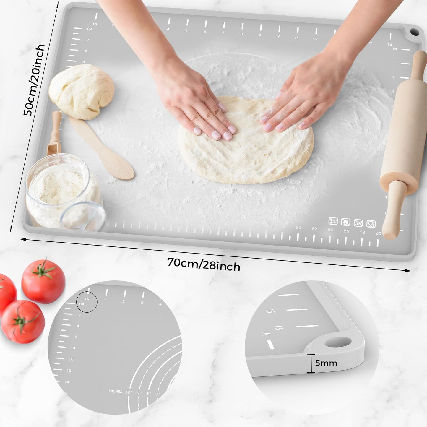 Silicone Baking Mat 28" x 20", Extra Thick Dough Rolling Mat with Measurements and Edge Heightening, Non-stick Food Grade Silicone Pastry Mat for for Pastry, Bread, Cookies, Pizza, Fondant, Pasta