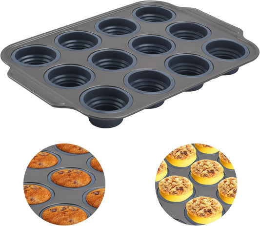 Silicone Muffin Pan, 12 Cups Cupcake Pans with Metal Frame Nonstick Muffin Tins Easy to Pop Out for Baking Cupcake Egg Bites BPA-free Cupcake Pan Mold (12 Cups Grey)