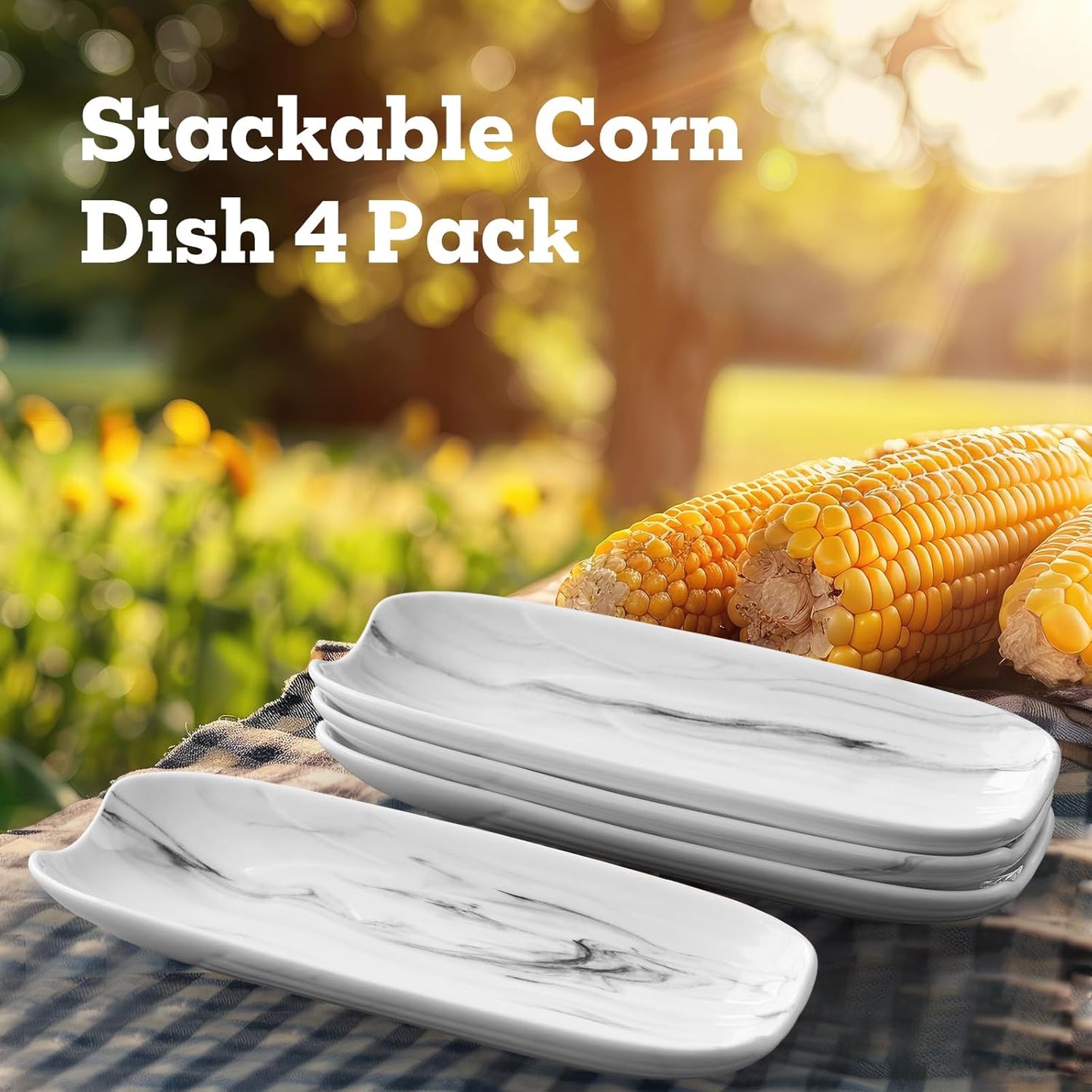 Cinf Ceramic Corn Cob Holders 8.8" Corn Dishes Set of 4 Trays Non-slip Bottom Microwave Dishwasher Oven Safe (Marble Pattern)