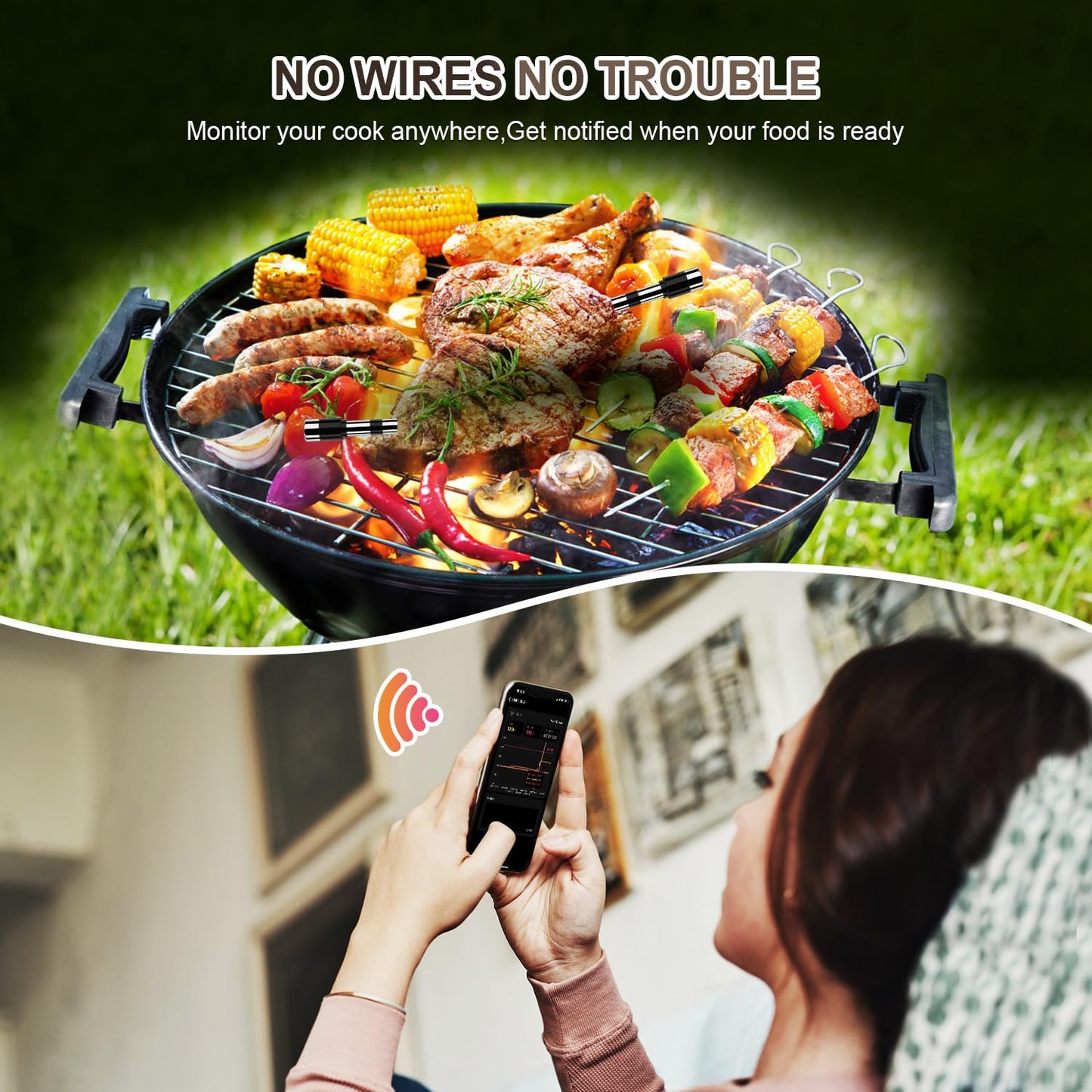 Wireless Smart Meat Thermometer with Dual-Sensor Probe, 500FT Remote Monitoring, Dedicated App, Real-Time Ambient and Food Temperature Tracking for Precise Cooking Control