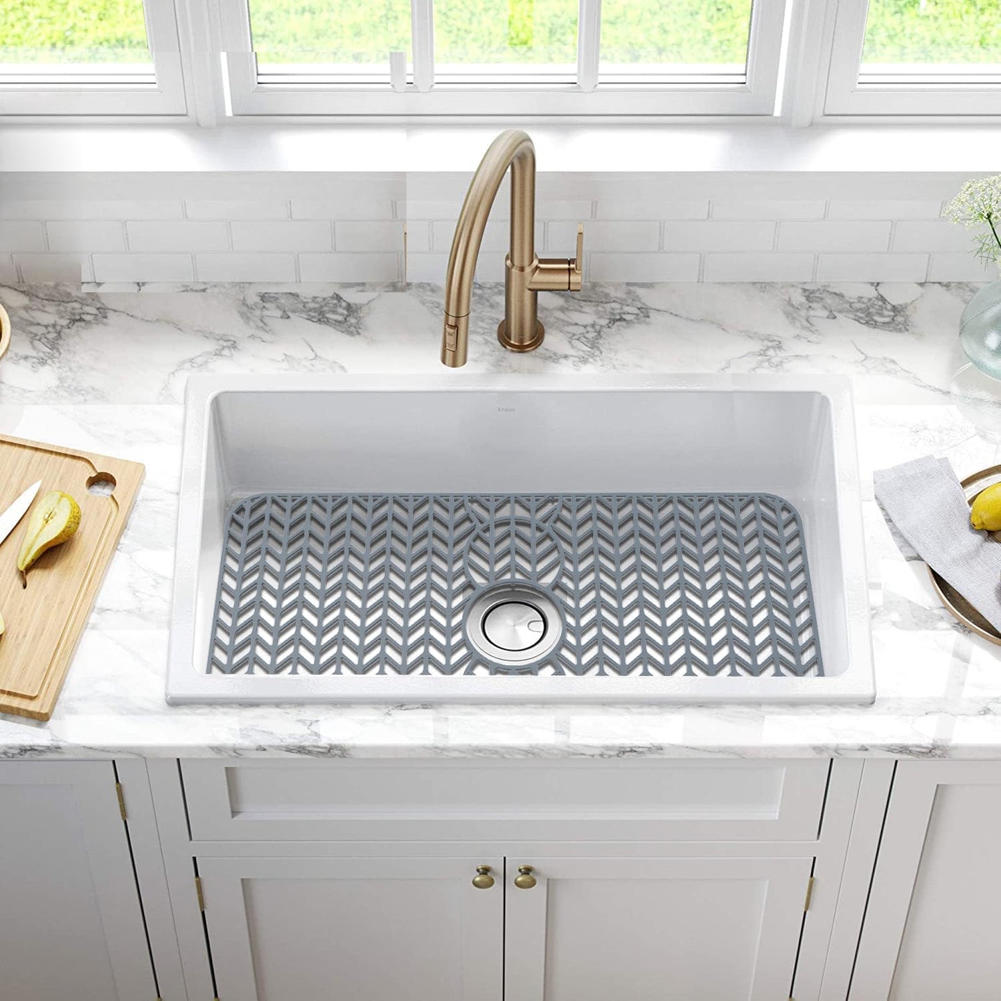 GUUKIN Sink Protectors for Kitchen Mat - 29"x 15.35" Silicone Kitchen Sink Mat Grid for Bottom of Farmhouse Stainless Steel Porcelain with 3 Reserved Holes（Grey）