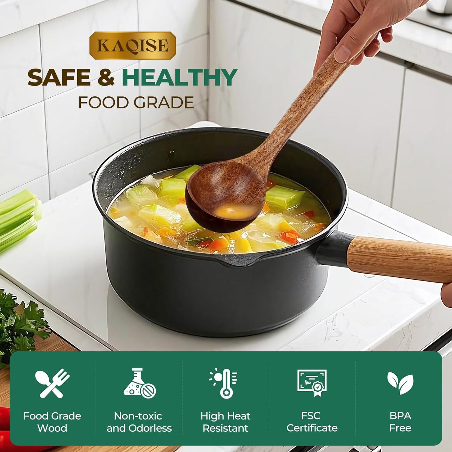 Wooden Spoons for Cooking, 2Pcs Wooden Kitchen Utensils, Wooden Pasta Fork and Ladle for Spaghetti, Nostick Teak Wood Utensil Set for Cooking (Ladle & Spaghetti Server)