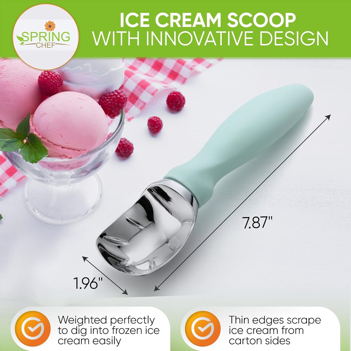 Spring Chef Heavy Duty Ice Cream Scoop with Comfortable Handle, Premium Ice Cream Scooper for Cookie Dough, Frozen Yogurt, Gelato, Sorbet, Melon - Dishwasher Safe Kitchen Tools - 2 Pack - Mint