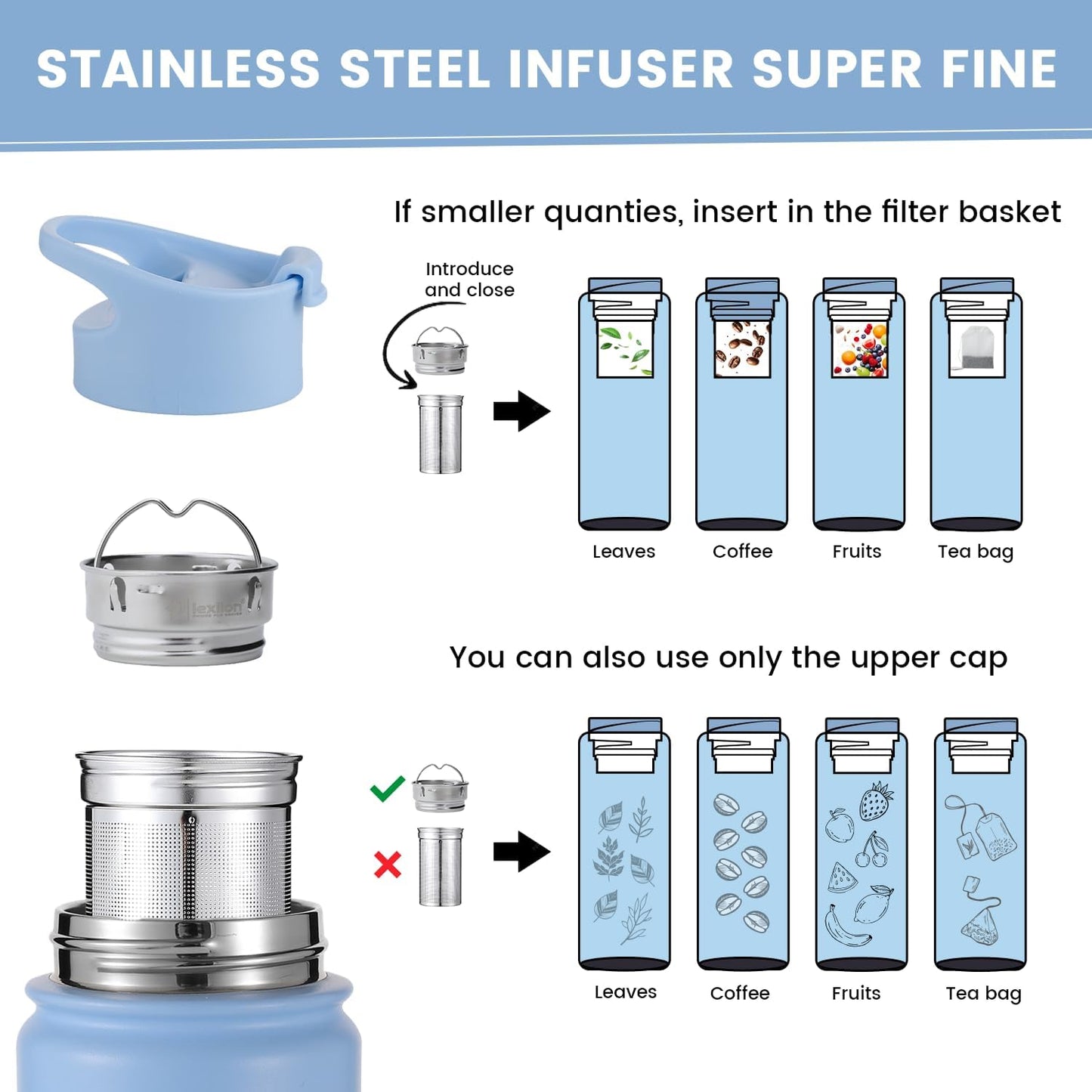 Lexlion Tea Infuser Water Bottle 22 Oz, Triple Walled Insulated Stainless Steel Bottle, Thermal Fruit Leaf Infuser, Silicone Sleeve, 3 Lids Leakproof, Metal Mug Gallon