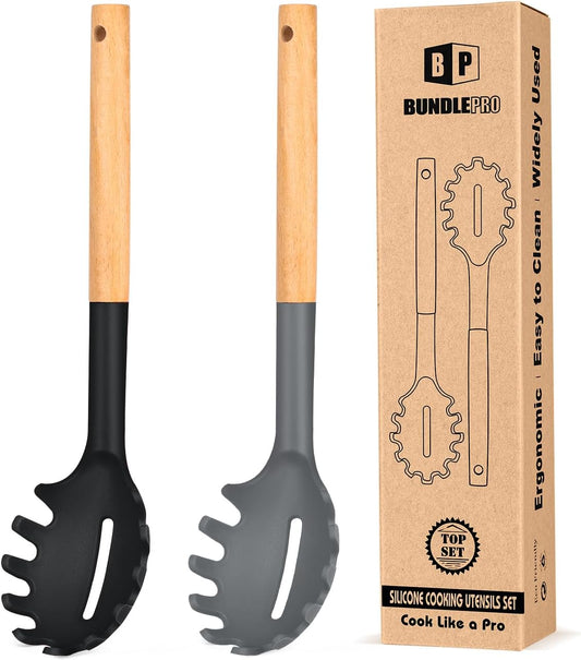 Pack of 2 Spaghetti Spoon, Silicone Pasta Fork with Wooden Handle, Heat Resistant Noodle Spoon Server, BPA Free Spaghetti Strainer(BLACK-GRAY)