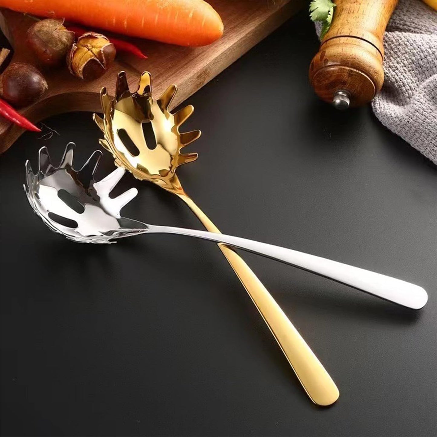 Stainless Steel Pasta Spoon, Spaghetti Spoons Server, Spaghetti Fork with Ergonomic Handle, Noodle Utensil for Kitchen, 9. 4inch (Gold)