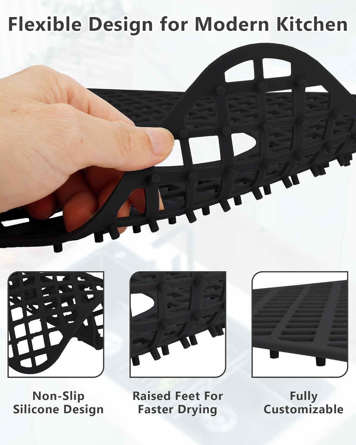 2 Pack Silicone Sink Protectors for Kitchen Sink, Lozenge Pattern 13 x 11 Inches Sink Mat, Non-Slip and Durable Sink Protector Silicone, Rear Drain, Black