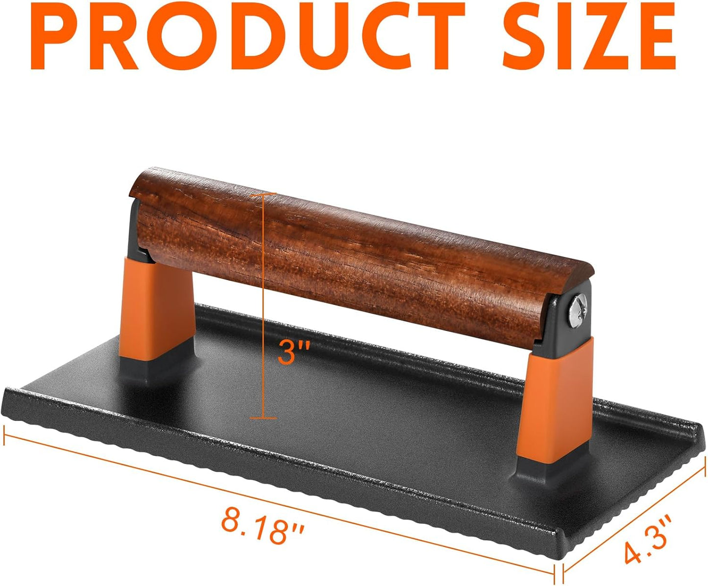 GGC Bacon Press for Griddle, Cast Iron Smash Burger Press for Hamburger, Steak, Bacon, Sandwiches, 8"x 4" Rectangle Meat Press with Wooden Handle for Grill and Griddle Cooking(10Pcs Patty Paper)