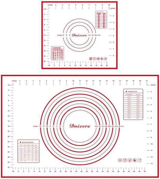Silicone Baking Mats Set of 2,Large 23.62" x 15.74" Small 11.41" x 10.23",Non Stick Non Skid Pastry-Mat with Measurements (Red)