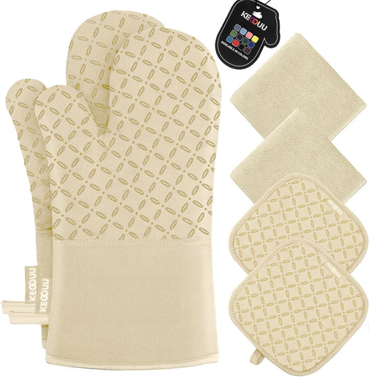 KEGOUU Oven Mitts and Pot Holders 6pcs Set, Kitchen Oven Glove High Heat Resistant 500 Degree Extra Long Oven Mitts and Potholder with Non-Slip Silicone Surface for Cooking (Beige)