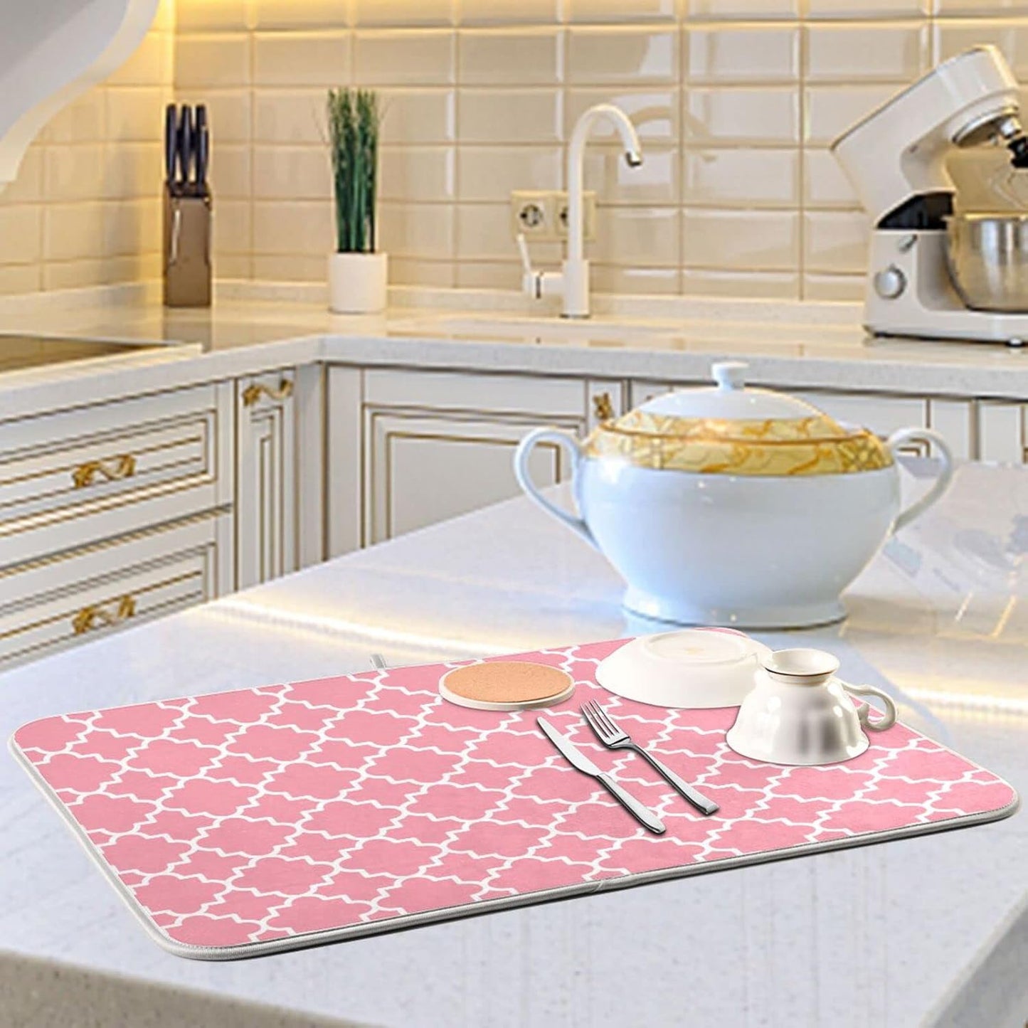 senya Super Absorbent Dish Drying Mat, Microfiber Fast-Drying Dish Mat, 16''x18'', Kitchen Dish Drying Pad, Pink Moroccan