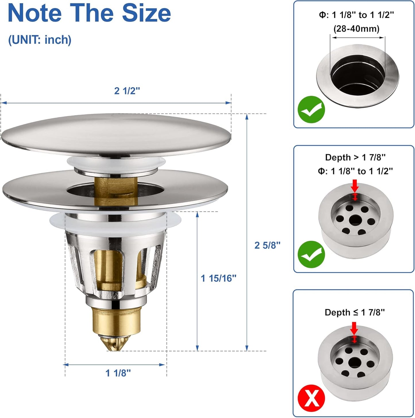3-in-1 Universal Bathroom Sink Stopper - Brushed Nickel Pop Up Sink Drain Stopper, Brass Bounce Bullet Core Sink Stopper Replacement, Wash Basin Drain Filter Plug with Anti-Clogging Strainer