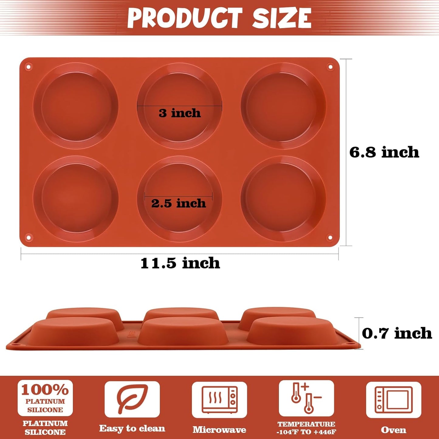 Sakolla 3 Pack Muffin Top Pans, 6 Cavities Silicone Egg Molds for Breakfast Sandwiches, Whoopie Pies, Hamburger Bun, English Muffins, Tarts, Corn Bread (Brick Red) ﻿ ﻿