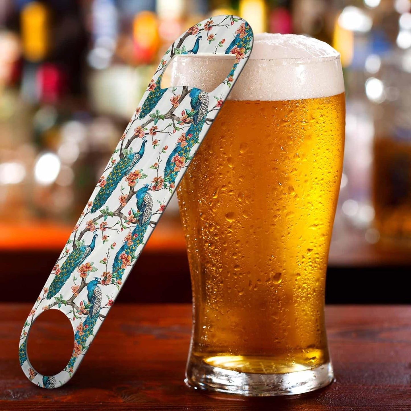 Watercolor Peacock Stainless Steel Bottle Opener Flowering Cherry Trees Art Bird Feather Pattern Exotic Flat Beer Bottle Opener Keychain for Home Kitchen Bar Restaurant Party Birthday Gift