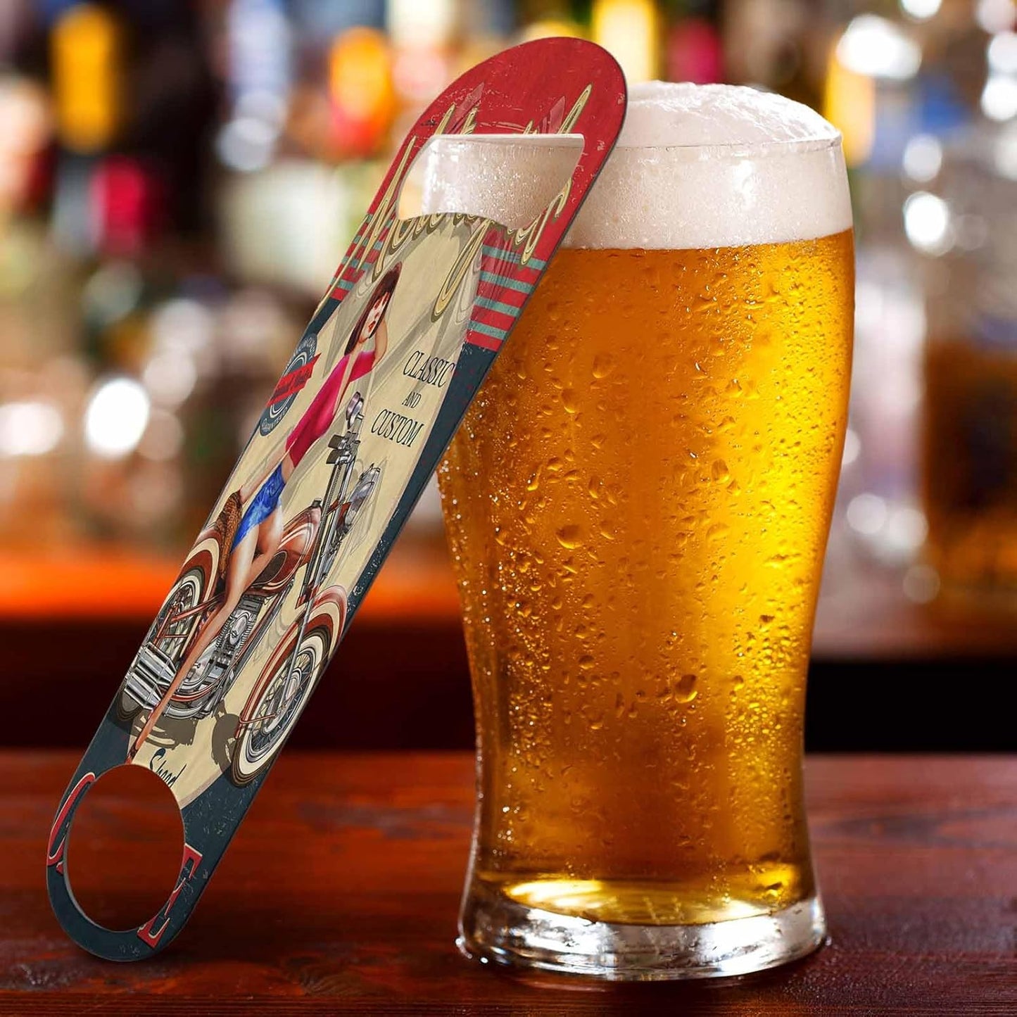 Vintage Motorcycle Stainless Steel Bottle Opener Smile Girl Leg Sit Moto Racing Club Wheel Speed Garage Flat Beer Bottle Opener Keychain for Home Kitchen Bar Restaurant Party Birthday Gift