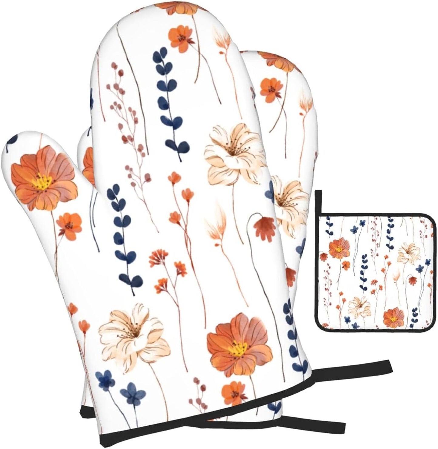 Watercolor Orange Floral Oven Mitts and Pot Holders Set Heat Resistant Non Slip Set of 3 Navy Blue and Orange Flower Decorative Kitchen Gloves Hot Pads for Cooking BBQ Baking Grilling