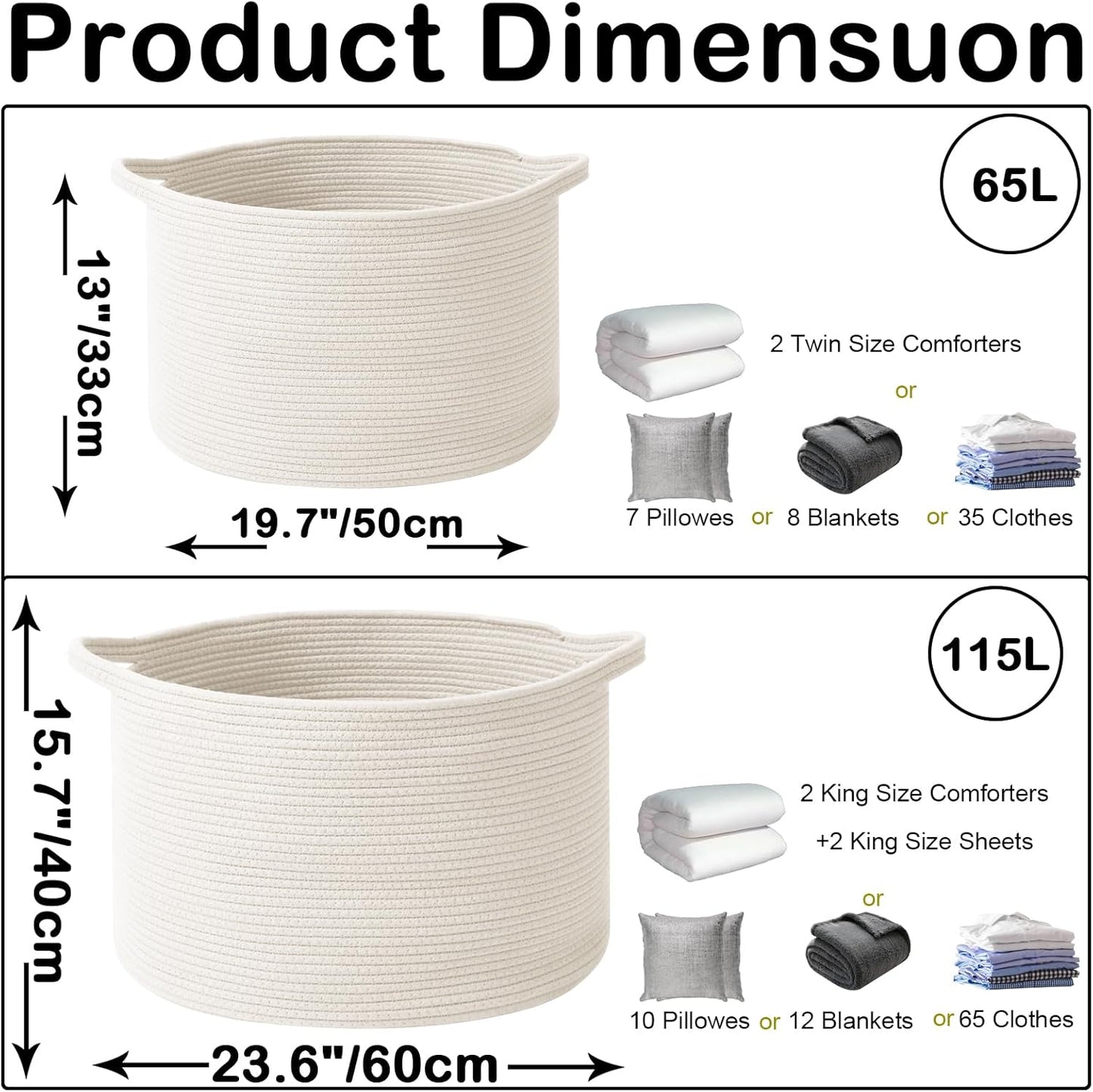 Large Blanket Basket for Organizing,115L Closet Organizers and Storage Bins Box for Shelves Woven Rope Storage Baskets,Living Room,Bedroom,Dorm,Laundry room (White)