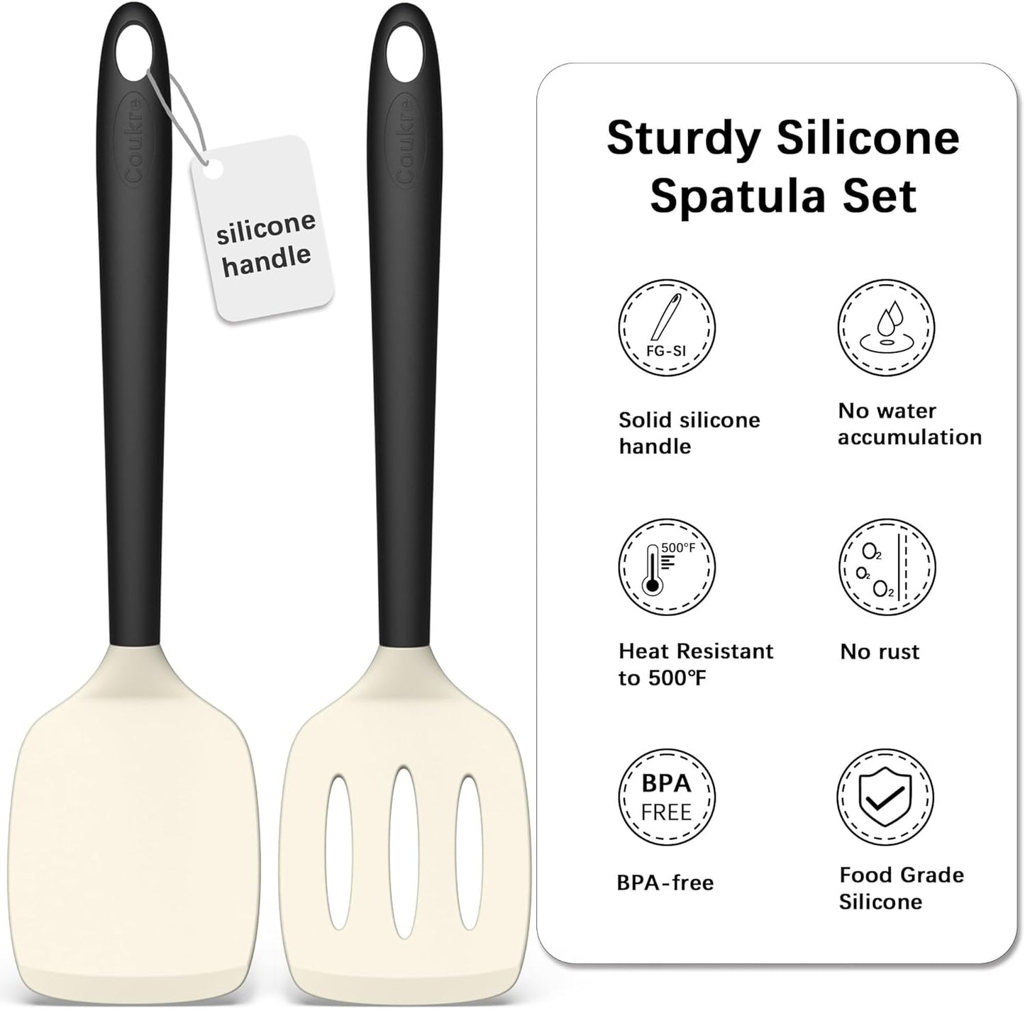 Coukre 2 Pack Silicone Spatula Set, High Heat Resistant, BPA Free Kitchen Spatula, Solid & Slotted Turner for Non-Stick Pans, Sautéing, and Flipping (2, Beige)