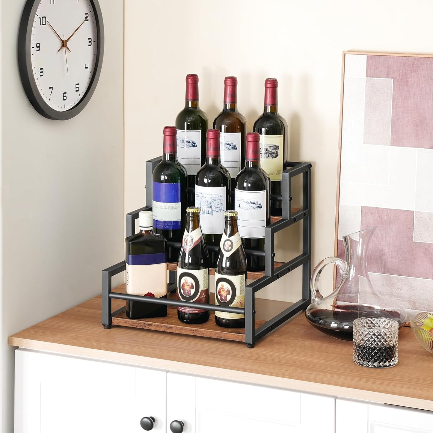 HOOBRO Coffee Syrup Rack Organizer, 3-Tier 12-Bottle Syrup Holder Stand for Coffee Bar, Wine Rack Countertop Storage Rack for Syrup, Wine, for Kitchen Coffee Station, Rustic Brown and Black BF38JJ01