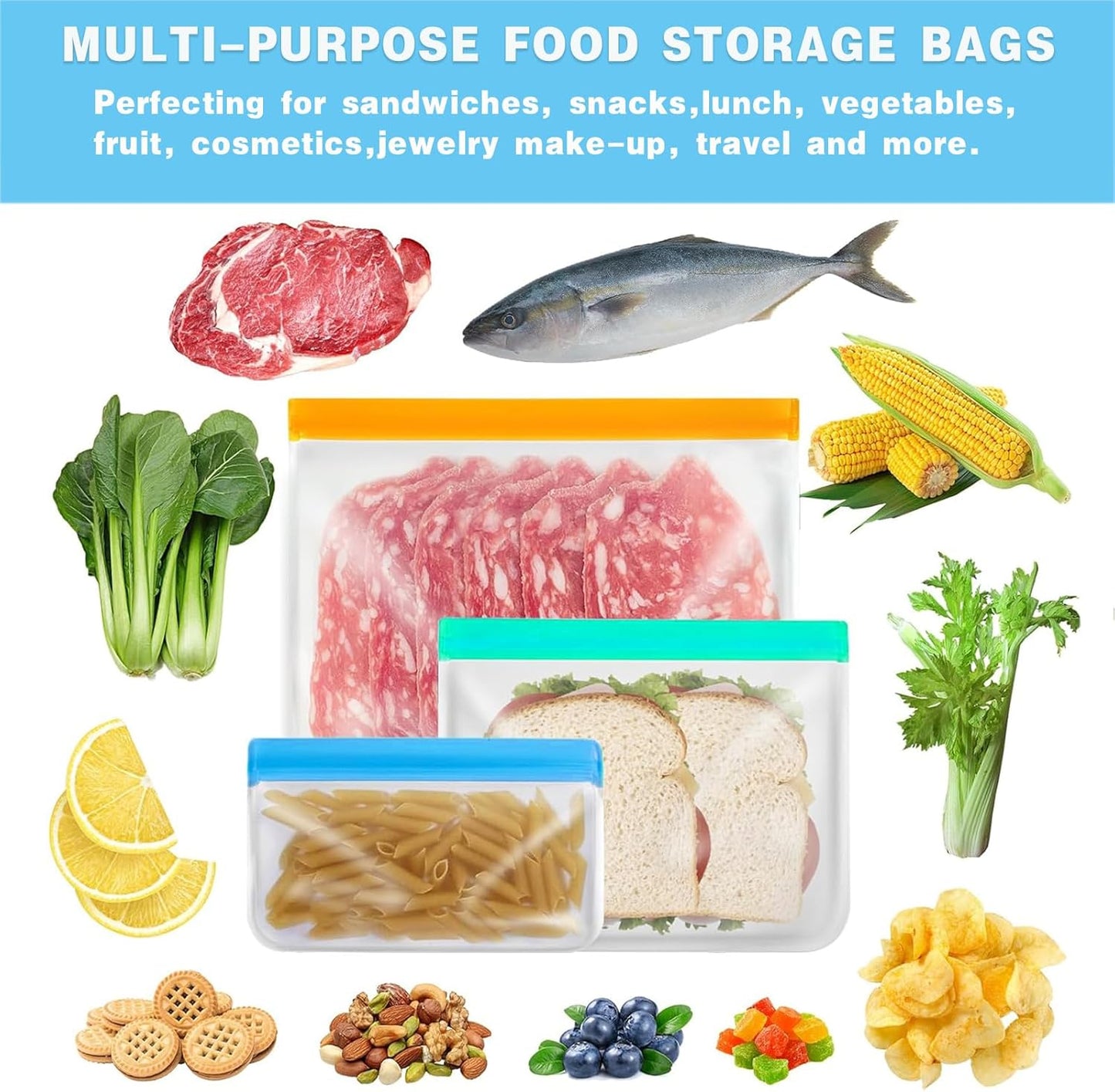 10 Pack Snack Bags Dishwasher Safe, Reusable Bags Silicone Extra Thick Leak-proof Reusable Freezer Bags for Candy, Snack, Cereal, Travel Items, Home Organization