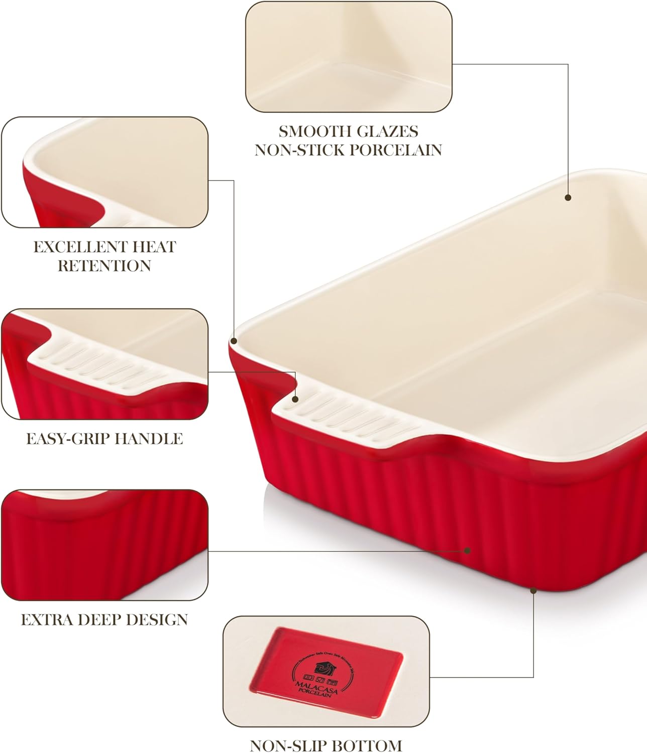 MALACASA 4.4 QT Baking Dish, 9x13 Large Casserole Dish for Oven, Ceramic Baking Pan, Rectangular Lasagna Pan Deep with Handles for Baking, Durable Microwave Oven Safe, Red, Series BAKE-BAKE