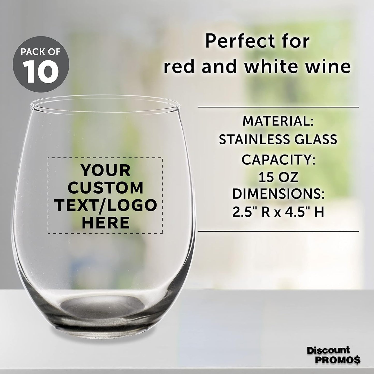 Custom Stemless Wine Glasses in Bulk by ARC Perfection, 15 oz, 10 pack, Personalized Text, Logo, Red or White Wine Glass Set, Black