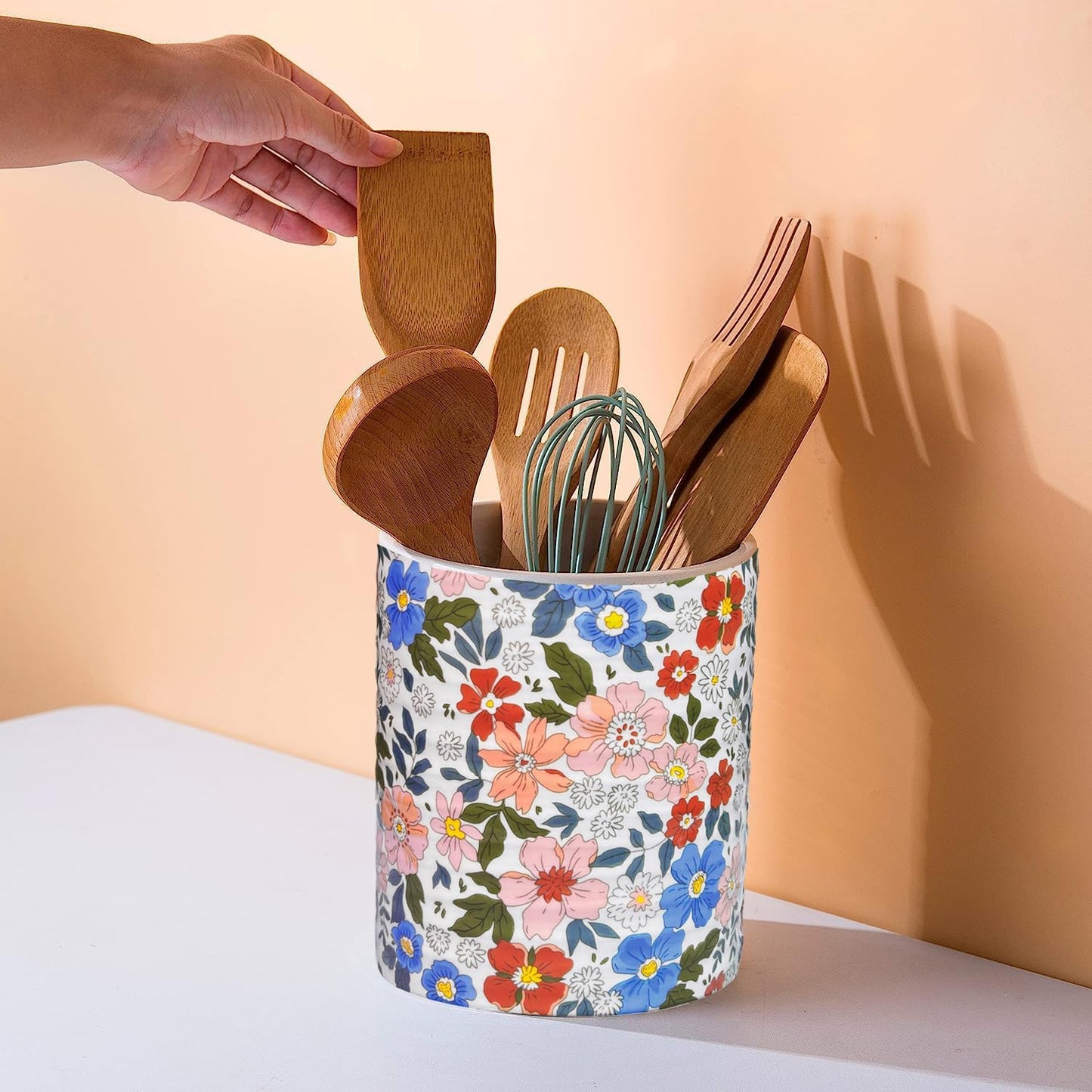 Kitchen Utensil Holder,7.2″Extra Large Stable Vintage Floral Pattern Ceramic Utensil Crock,Flower Utensil Organizer for Countertop,Kitchen Decor,Utensil Holder for Housewarming Gift Pink