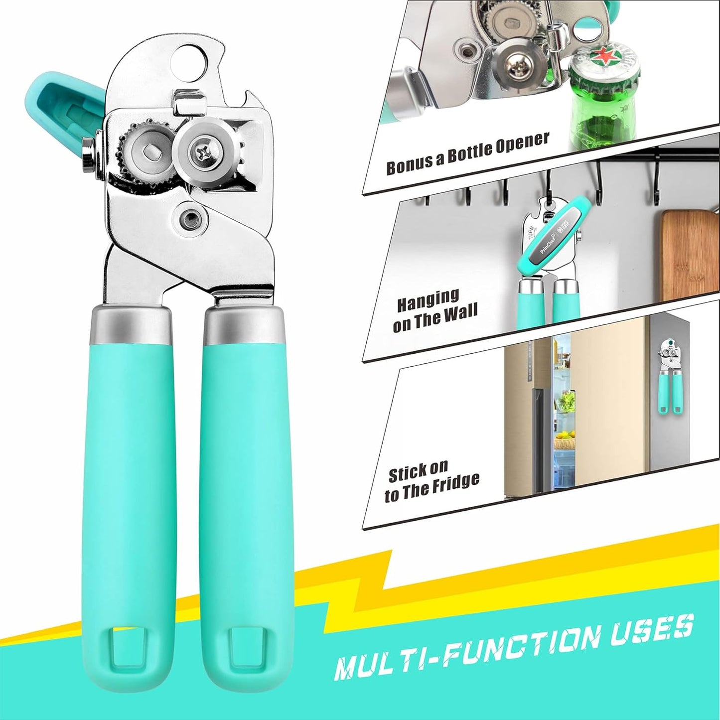 PrinChef Can Opener Manual, Can Tin Bottle Opener with Magnet - No-Trouble-Lid-Lift, Handheld Can Opener Smooth Edge with Sharp Blade, Heavy Duty and Easy to Use, for Seniors with Arthritis, Lake Blue