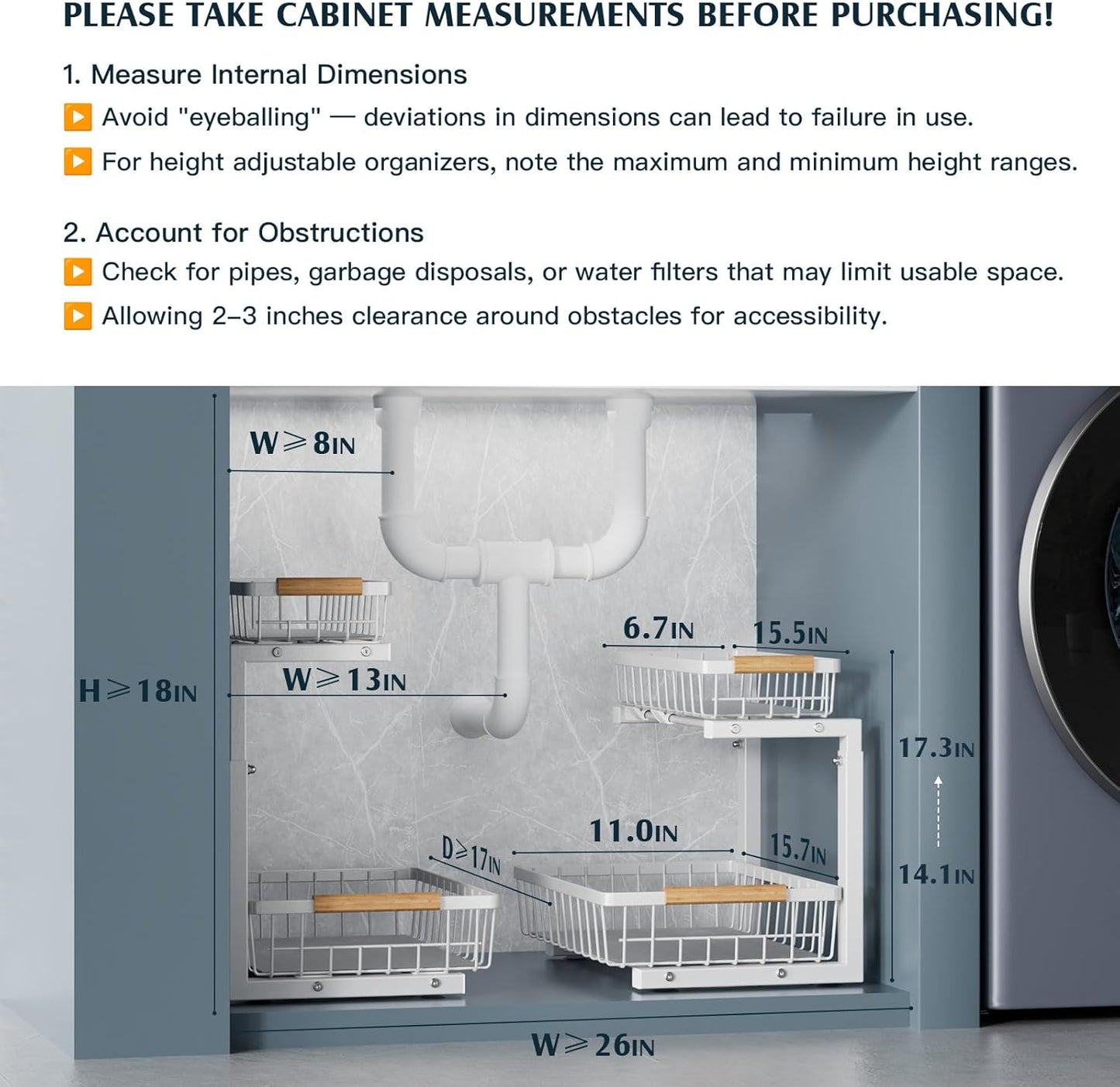 2 Pack Under Sink Organizers and Storage, Height Adjustable Under Sink Storage, Under Cabinet Organizer, Metal 2 Tier Pull out Cabinet Organizer, Bathroom Organizers and Storage, White