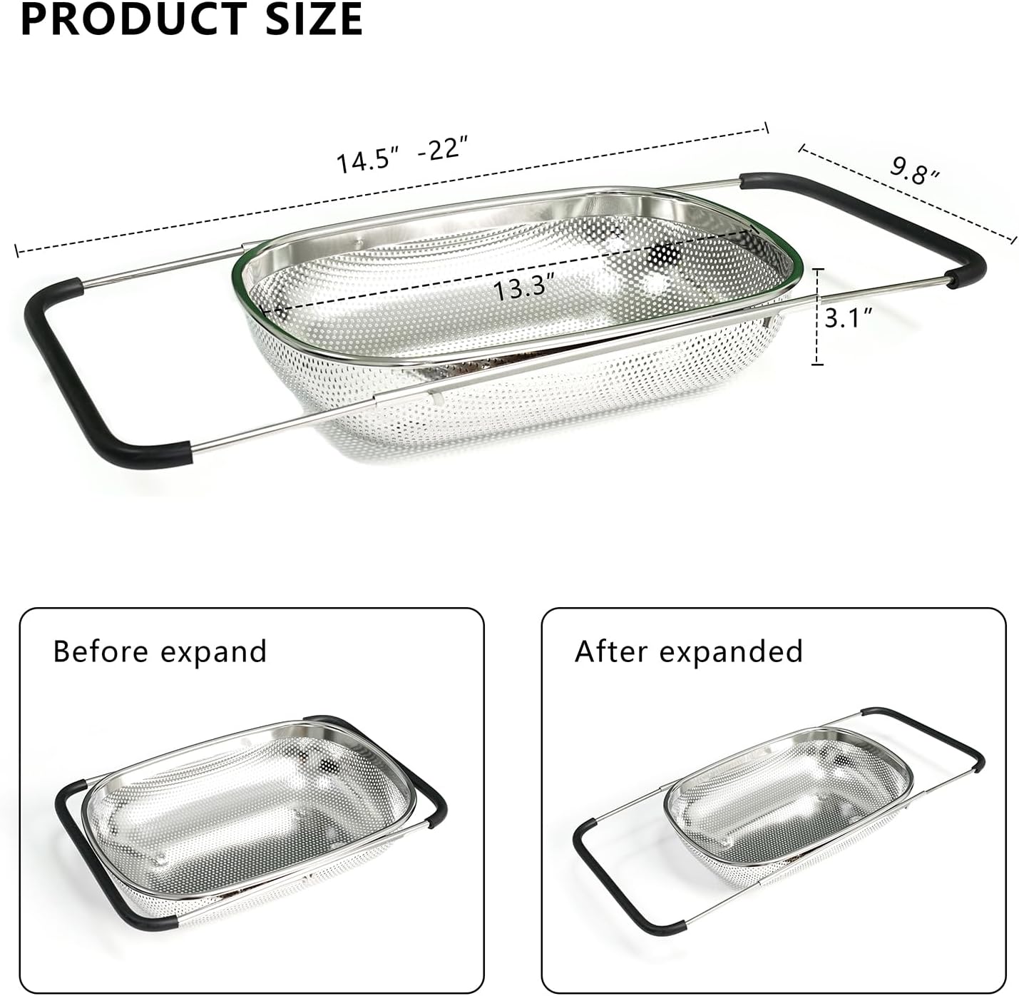 REDANT Over The Sink Colander - Expandable Stainless Steel Strainer with Fine Mesh for Pasta, Rice, Fruits & Vegetables - Kitchen Colander with Rubber Grip Handles, Silver (1-Pack)