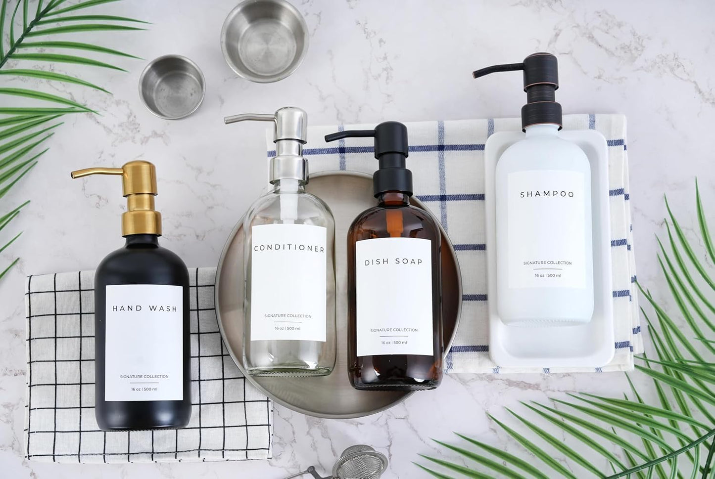 Emerson Essentials Soap Dispenser, Hands and Dishes Bottles, Kitchen Set, Glass Boyylrd with Pump and Labels,16 Ounces, 2-Pack