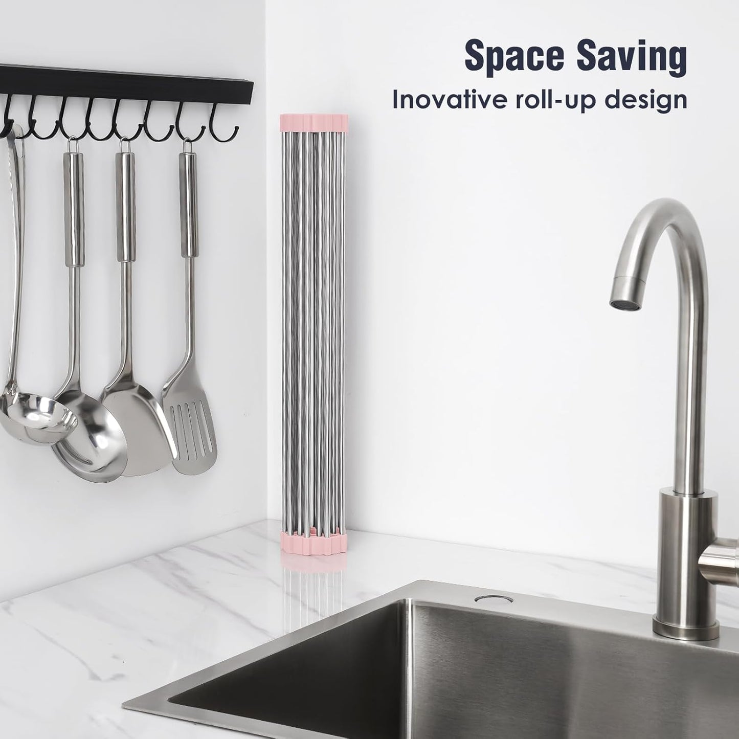 Tomorotec 17.7" x 12.5" Roll Up Dish Drying Rack Over Sink Drying Rack Sink Cover Kitchen Sink Accessories Gadget Multipurpose Organizer Foldable Stainless Steel Drainer