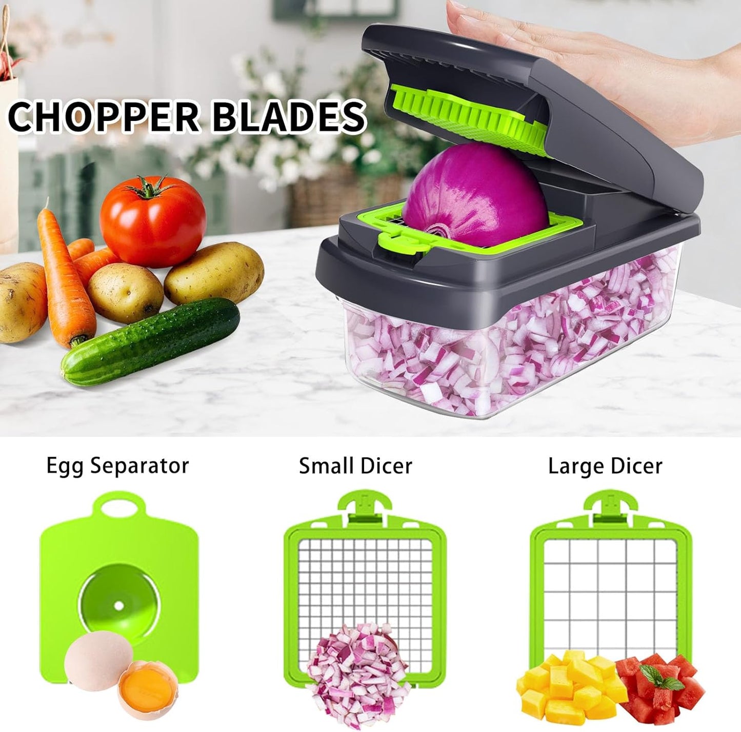 2025 UPGRADE,Vegetable Chopper,BPA Free Veggie Chopper with Container & Lid,16-in-1 Multifunctional Salad Cutter,Onion Dicer,Cucumber Slicer & Egg Separator,Kitchen Gadgets with Safety Guard