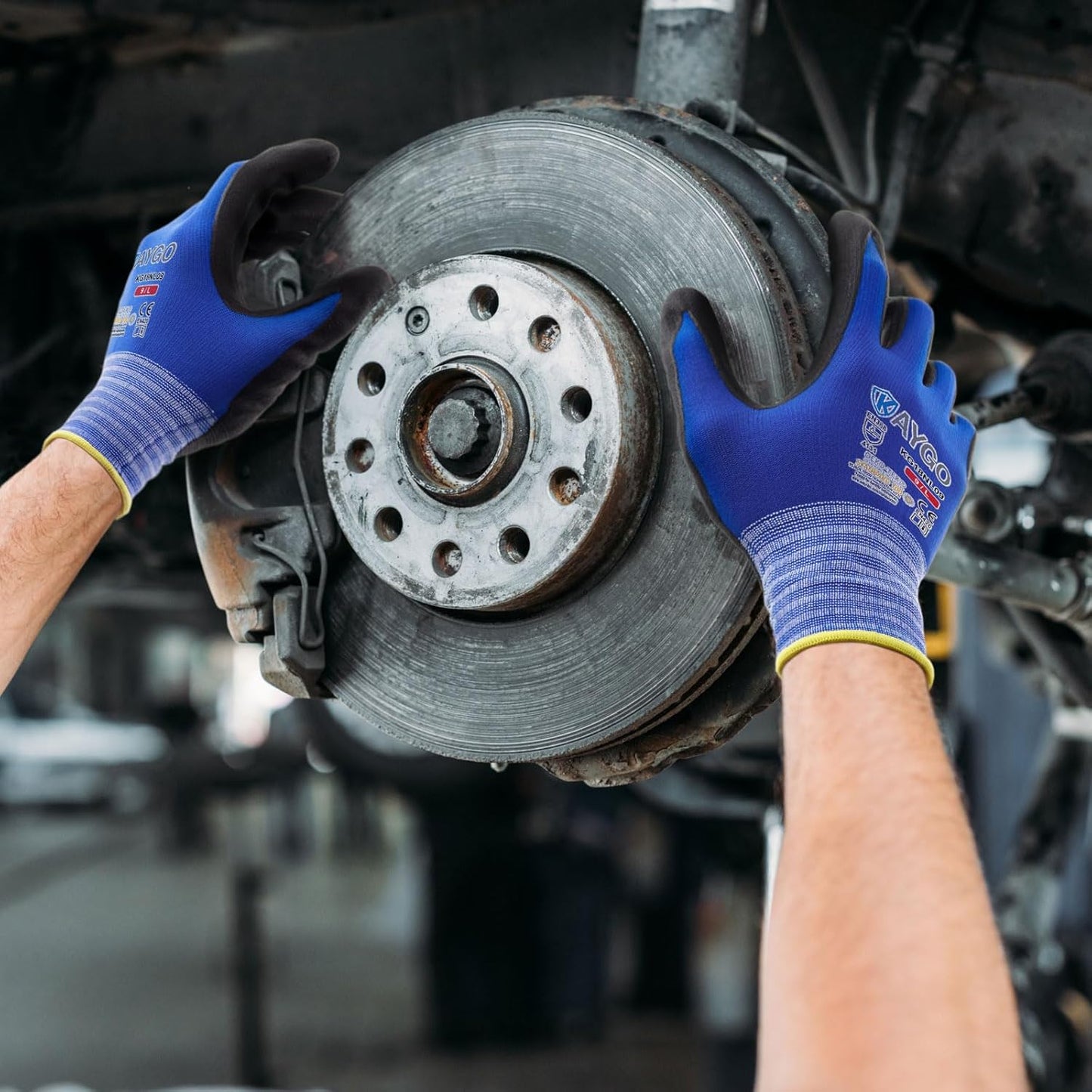 KAYGO Safety Work Gloves MicroFoam Nitrile Coated, 3 Pairs, KG18NB,Seamless Knit Nylon Glove with Black Micro-Foam Nitrile Grip,Ideal for General Purpose,Automotive,Home Improvement,Blue,M