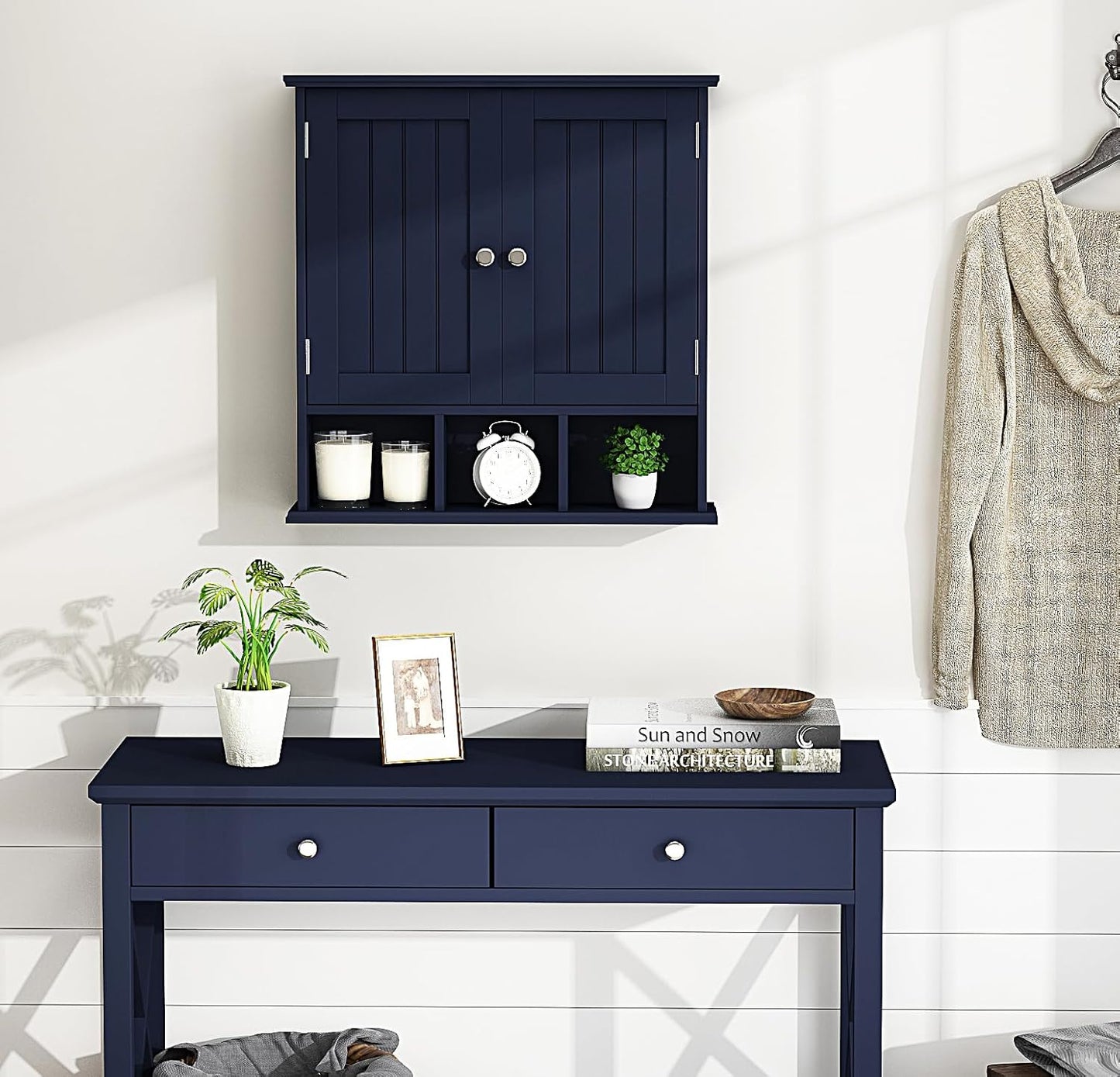 ChooChoo Bathroom Cabinet Wall Mounted 2-Door with 3 Open Shelves， Wooden Medicine Cabinets with Adjustable Shelf，Space Saver Storage Cabinets Over The Toilet for Bathroom&Living Room,Blue