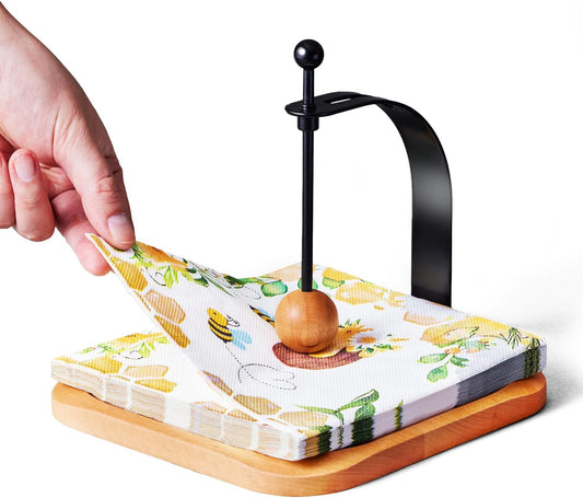 Beechwood Napkin Holder, Elegant Wood Square for Table Dispenser with Weighted Arm, Perfect for Kitchen, Office, Restaurant,Home Décor, Cafe & Outdoor Use, Warming Gift.