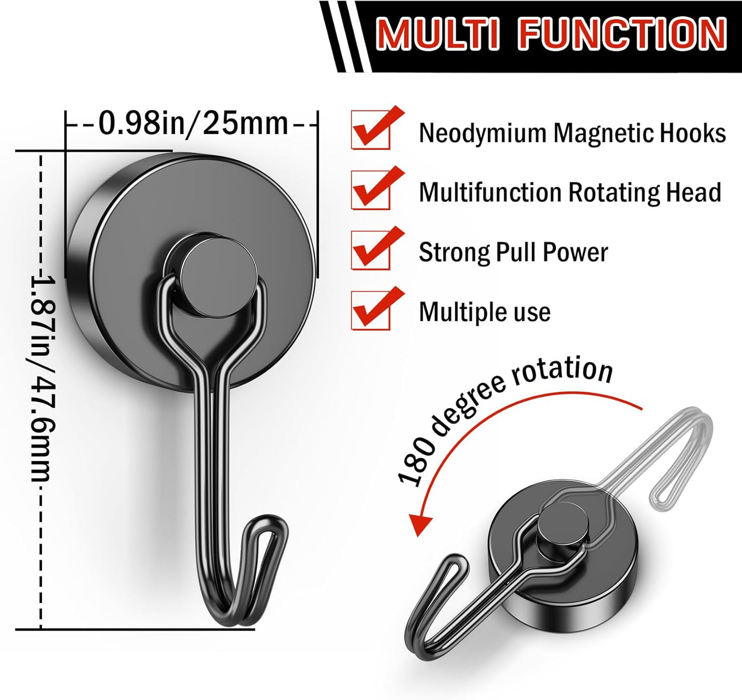 FINDMAG 20 Pack Magnetic Hooks, 60lbs+ Magnetic Hooks Heavy Duty, Strong Neodymium Magnet with Hook for Hanging, Black Magnet Hooks for Classroom, Workplace, Refrigerator, Cruise Ship Essentials
