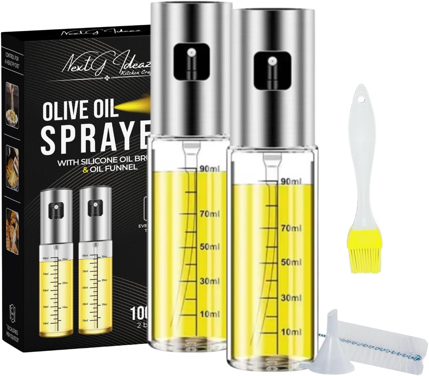 Oil Sprayer for Cooking - 2 x 100ml Sprayers, Clear Transparent Glass Bottles, Food Grade, Refillable, Multi Purpose Oil Mister with Non Slip Cap, Oil Funnel & Silicone Brush