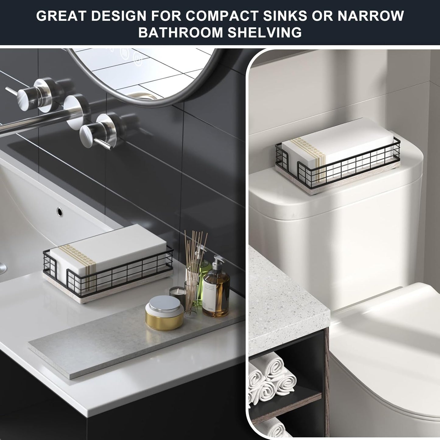 Wican Guest Towel Holder Tray for Bathroom, Ash and Iron Napkins Holder for Powder Room Dinning Table Wooden Basket for Disposable Paper Hand Towels Black and Ash