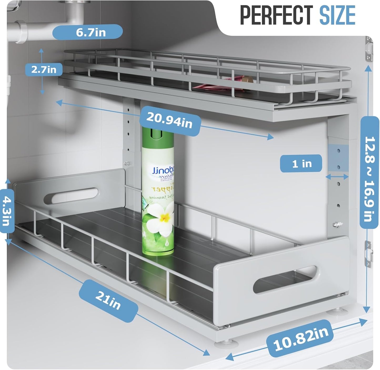 2 Pack 21 in Depth Pull Out Cabinet Storage with Smooth Rails,2-Tier Dual Pull Out Cabinet Storage for Bathroom Kitchen,Under Sink Shelf-Gun Gray