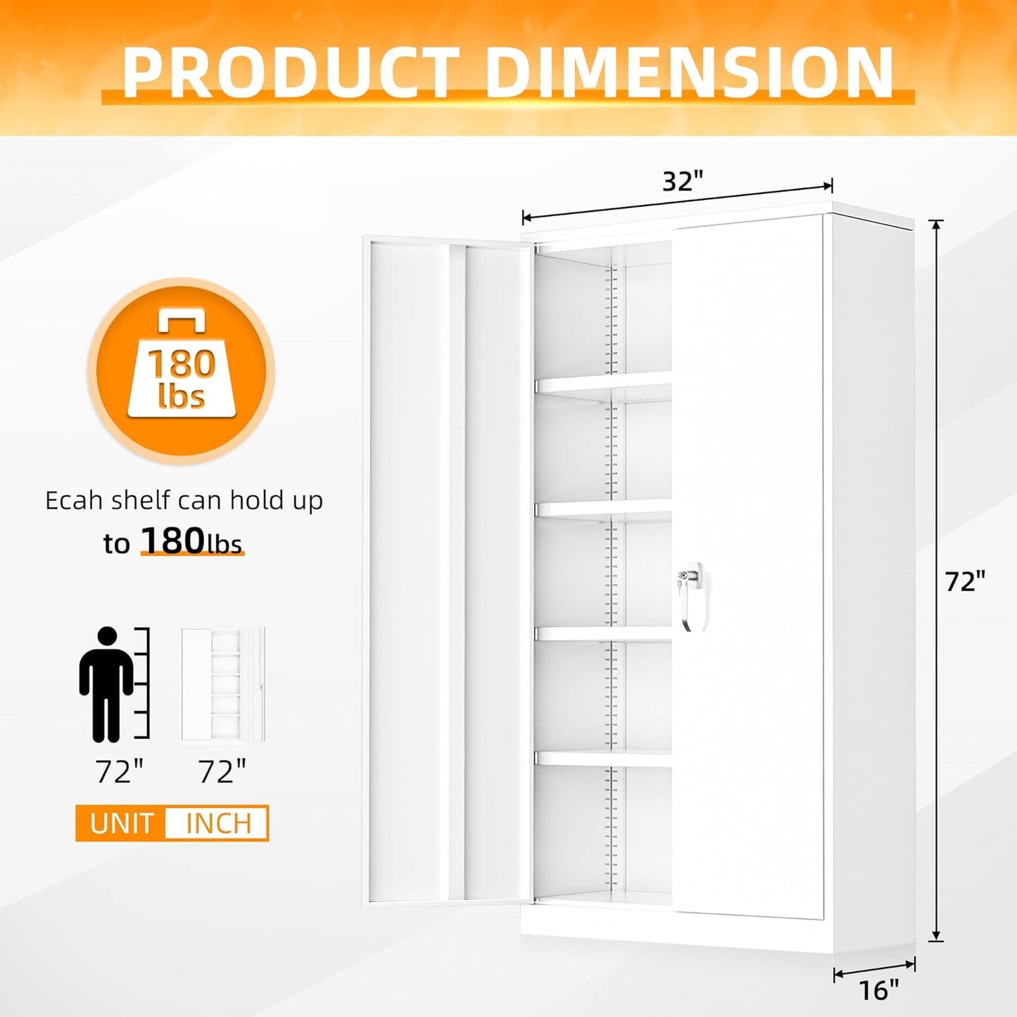 INTERGREAT Storage Cabinet, 72” Steel Locking Closet with Doors and 4 Adjustable Shelves, Tool Unit for Home Office, Garage & Tall Lockable File Cabinet, White.